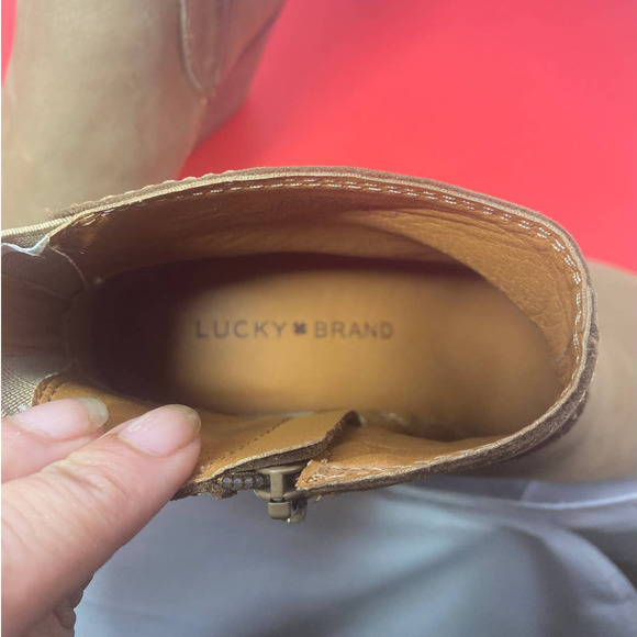 Lucky Brand Booties Tan Suede Side Zip High Wedge Heel Ankle size 7.5 M NWT - Picture 8 of 10